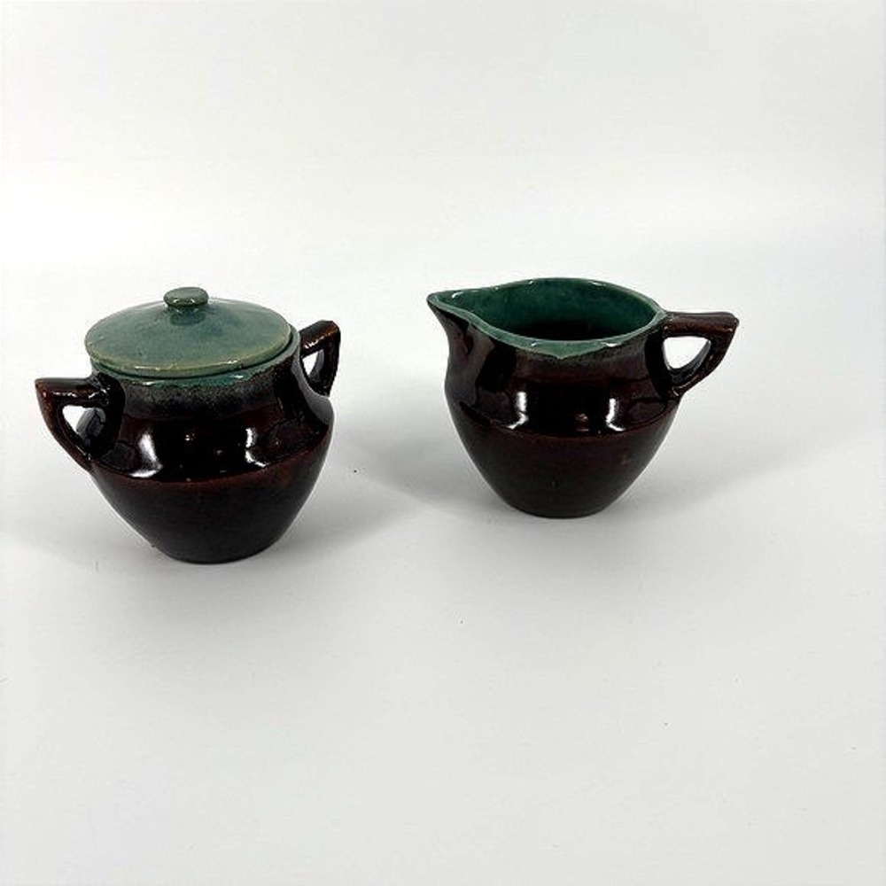 Vintage Red Wing Pottery Sugar Bowl/Creamer Set Brown Teal Glaze‎ Rustic
